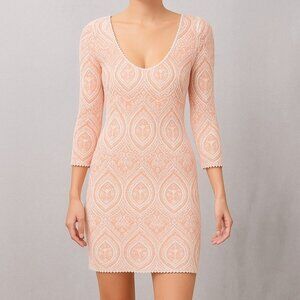Free People Women’s Dress Large Peach Cream Lace Boho Bodycon 3/4 Sleeve Stretch